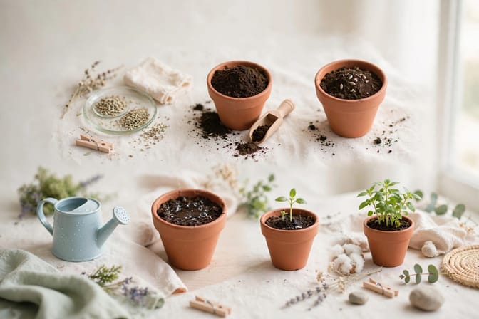 Plastic pots with lettuce, parsley, and cilantro on an apartment balcony