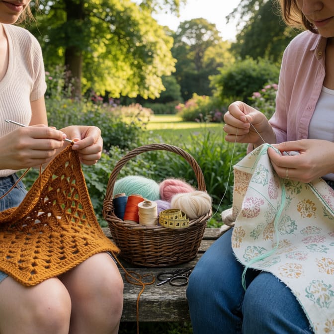 Crochethaken, Faden und Stoff neben einer Nähmaschine auf einem Holztisch