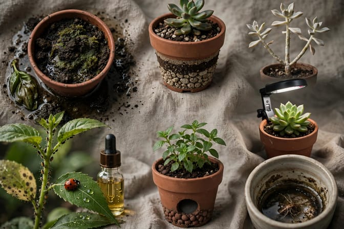 Grande fenêtre d'appartement avec des pots de herbes et une main vérifiant le sol