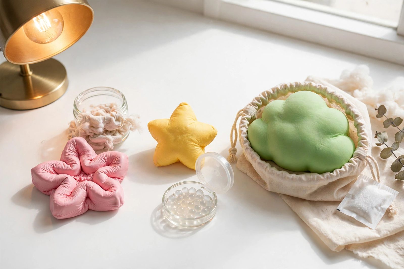 Deformed squishy next to an intact squishy on a wooden table, with an airtight container in the background.