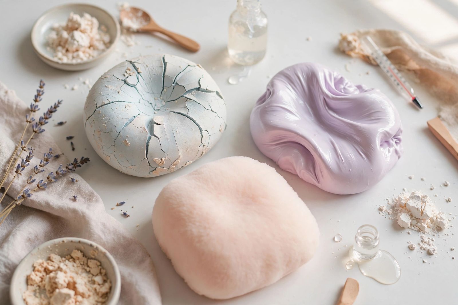 Hand, die einen selbstgemachten Squishy aus Schaumstoff auf einem Basteltisch mit Kleber und Pinsel drückt.