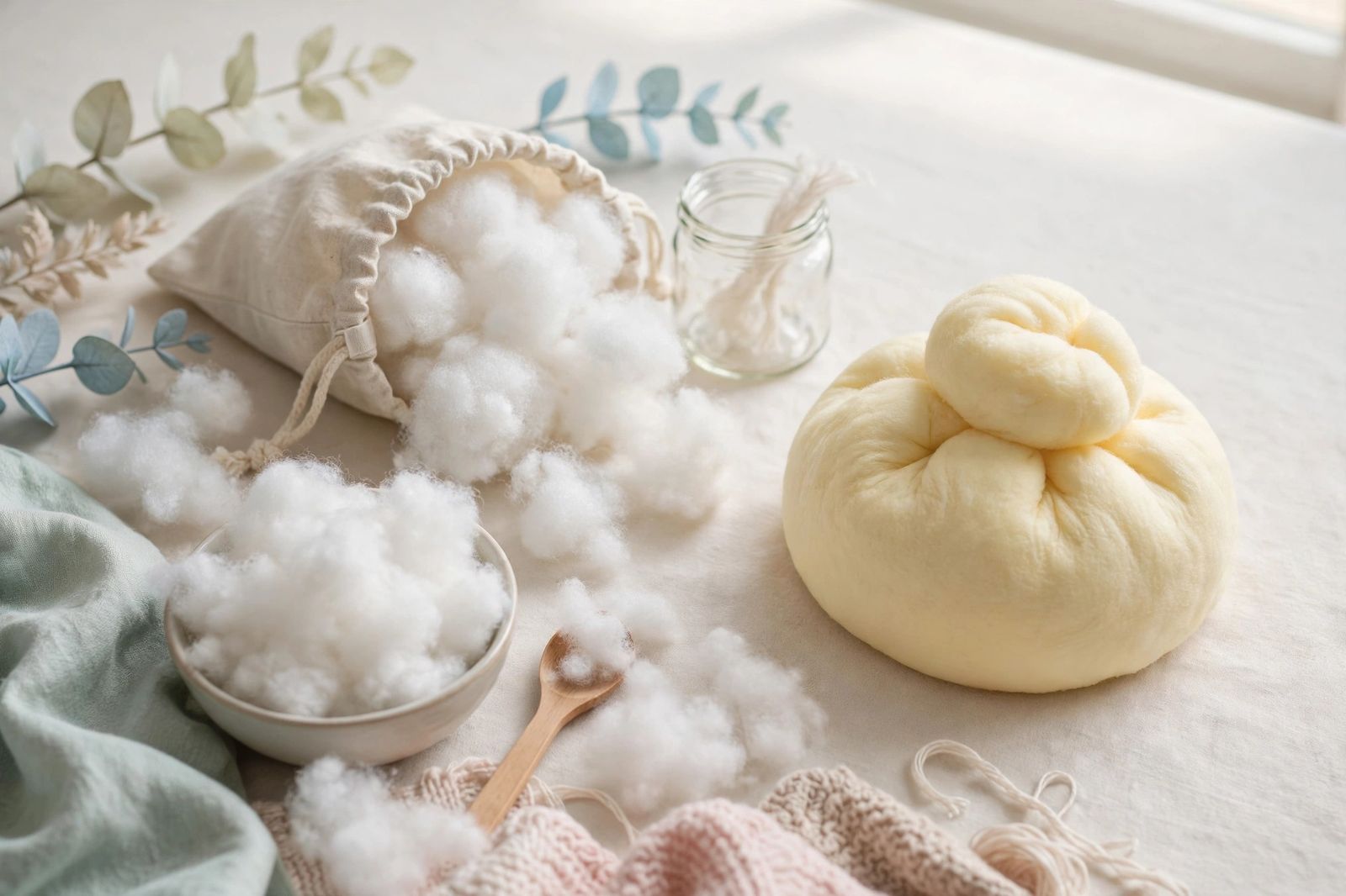 Mano apretando squishy casero de espuma blanca sobre mesa de madera, con trozo de espuma al lado.