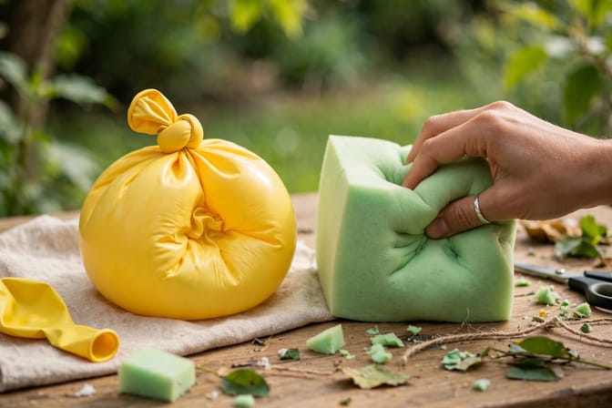 Mano apretando un squishy de globo junto a un squishy de espuma sobre mesa de artesanía.