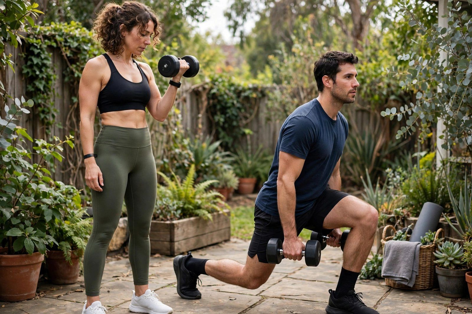 People working out at home with dumbbells