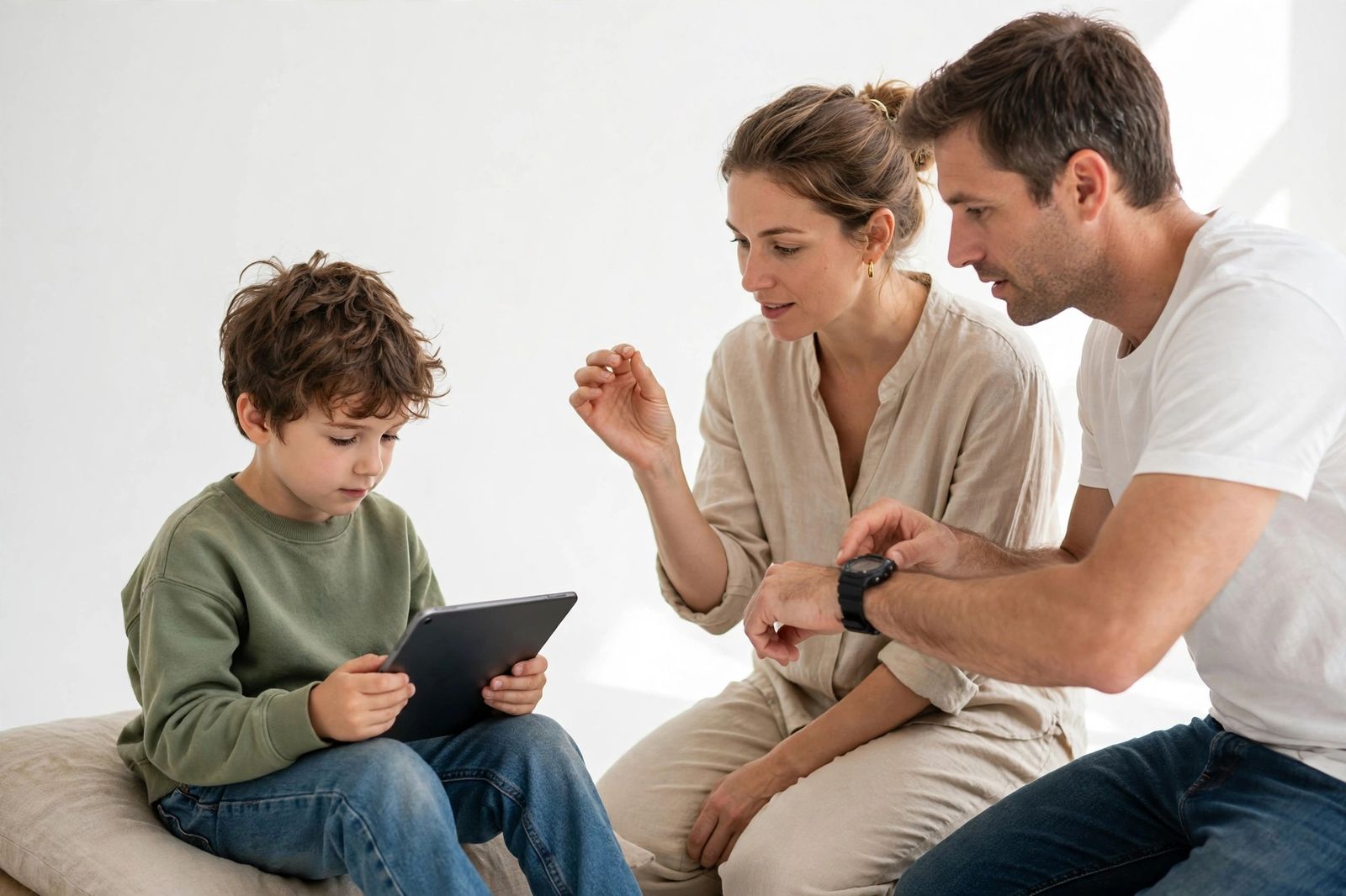 Specific time slots for screen use Boy using tablet at home, with parents setting time