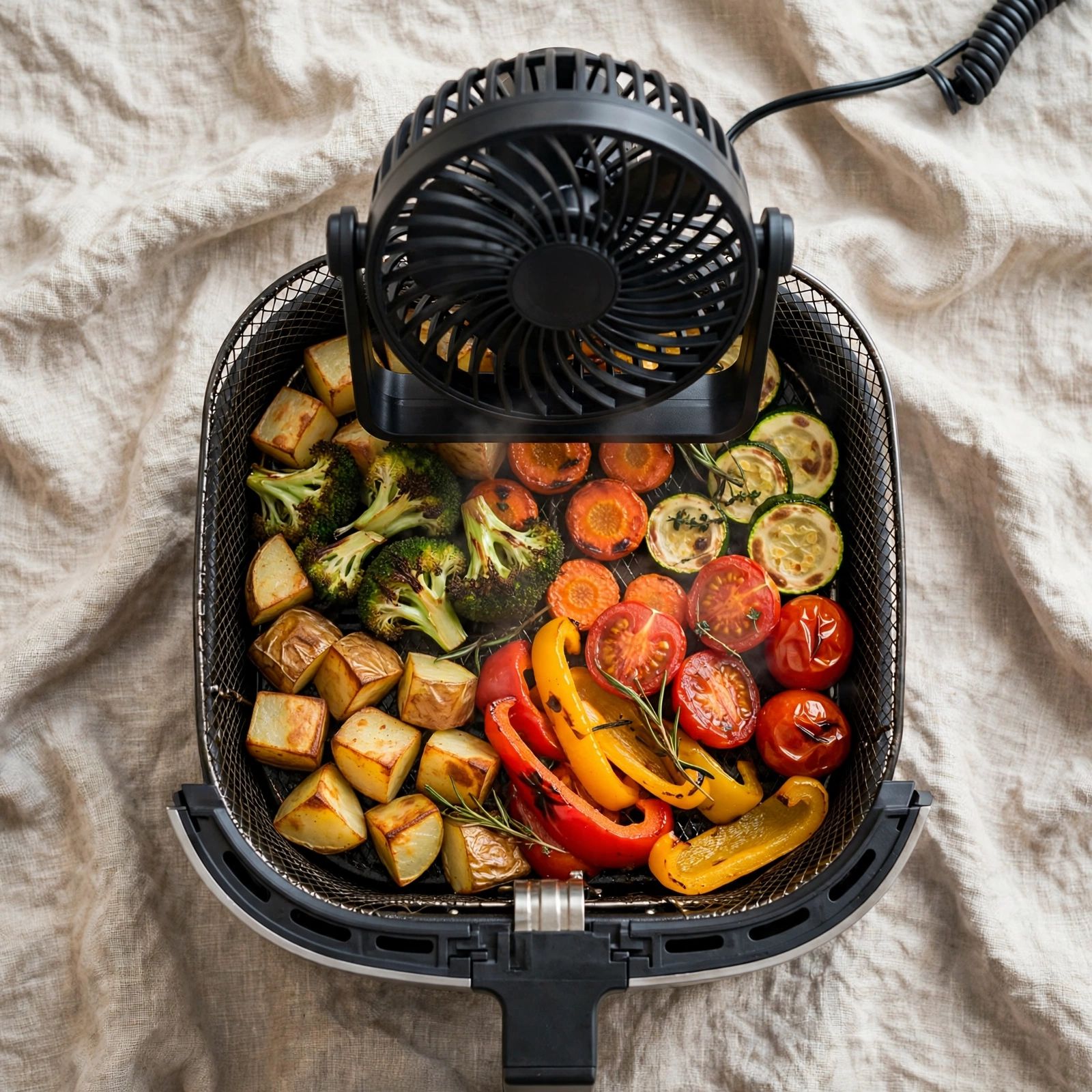 Cesta do AirFryer com alimentos