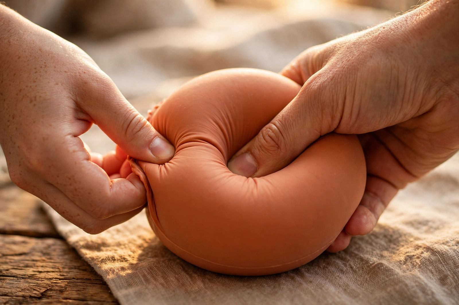 hands squeezing a round squishy at different points: center and edges