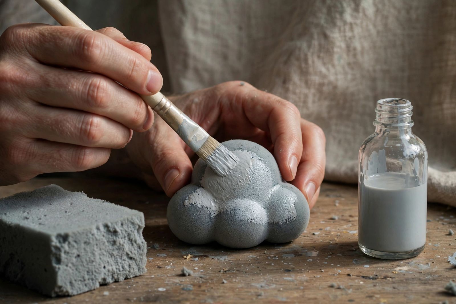 hands painting a homemade squishy with a brush and diluted acrylic paint, gray D33 foam on a table