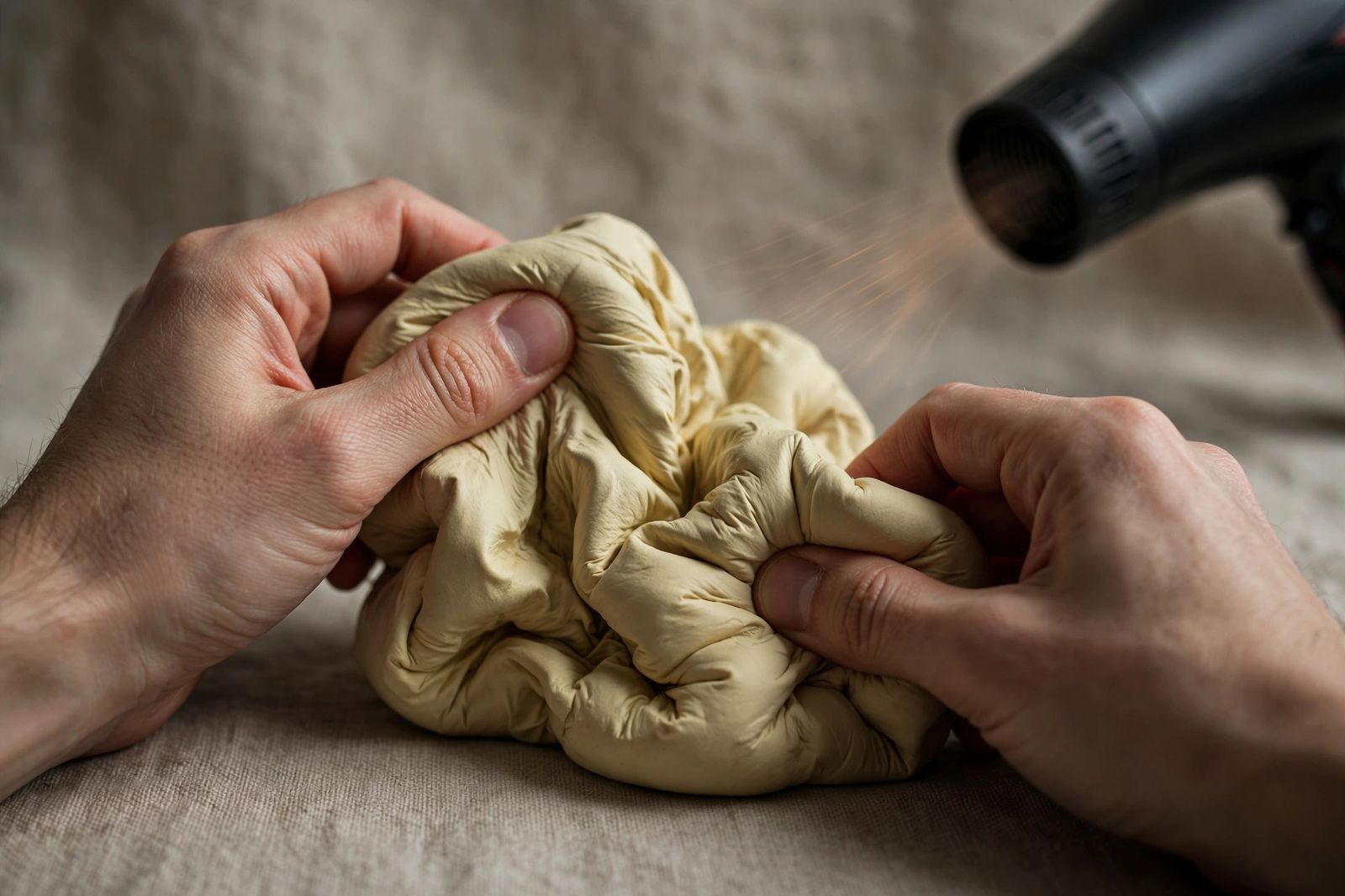 deformed squishy being molded with hands after receiving heat from a hair dryer, on a flat surface