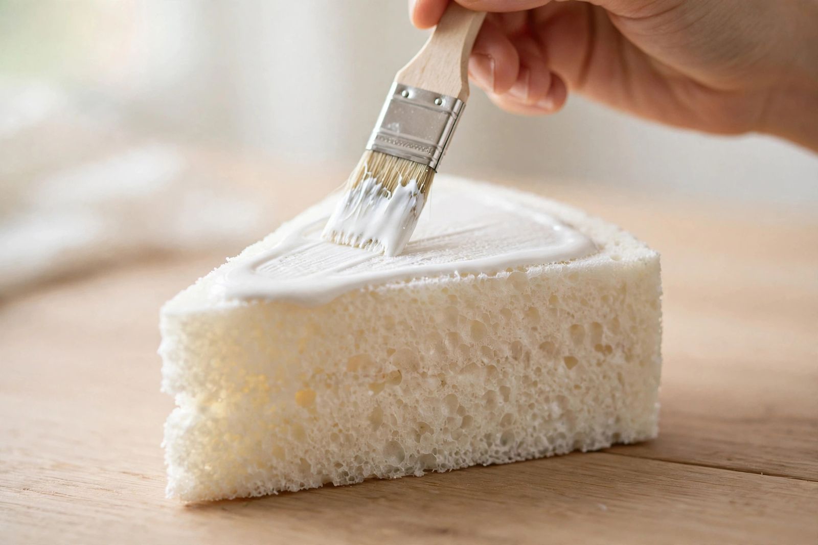 Auftragen von Kleber auf den selbstgemachten Squishy Polyurethanschaum in Kuchenstückform geschnitten, mit Pinsel, der verdünnten Weißleim auf die Oberfläche aufträgt