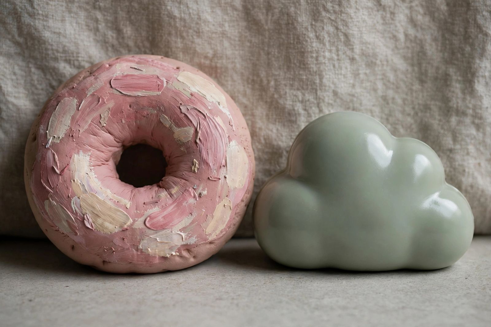 Selbstgemacht vs. gekauft: Welche Wahl? Selbstgemachter Squishy in Donutform neben einem gekauften Squishy auf einer Arbeitsplatte