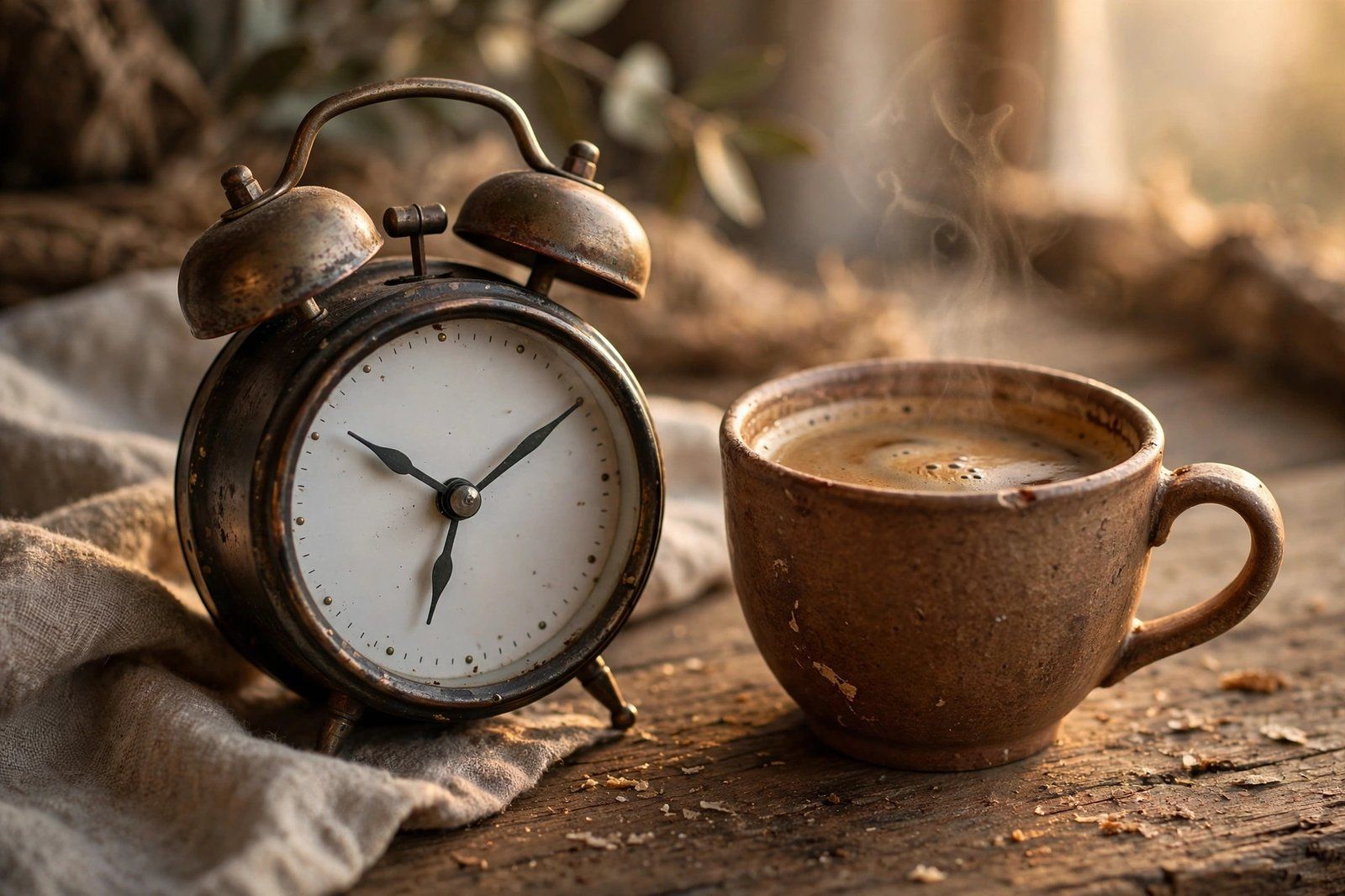 Encontre seu momento ideal Relógio mostrando horário do amanhecer com café ao lado