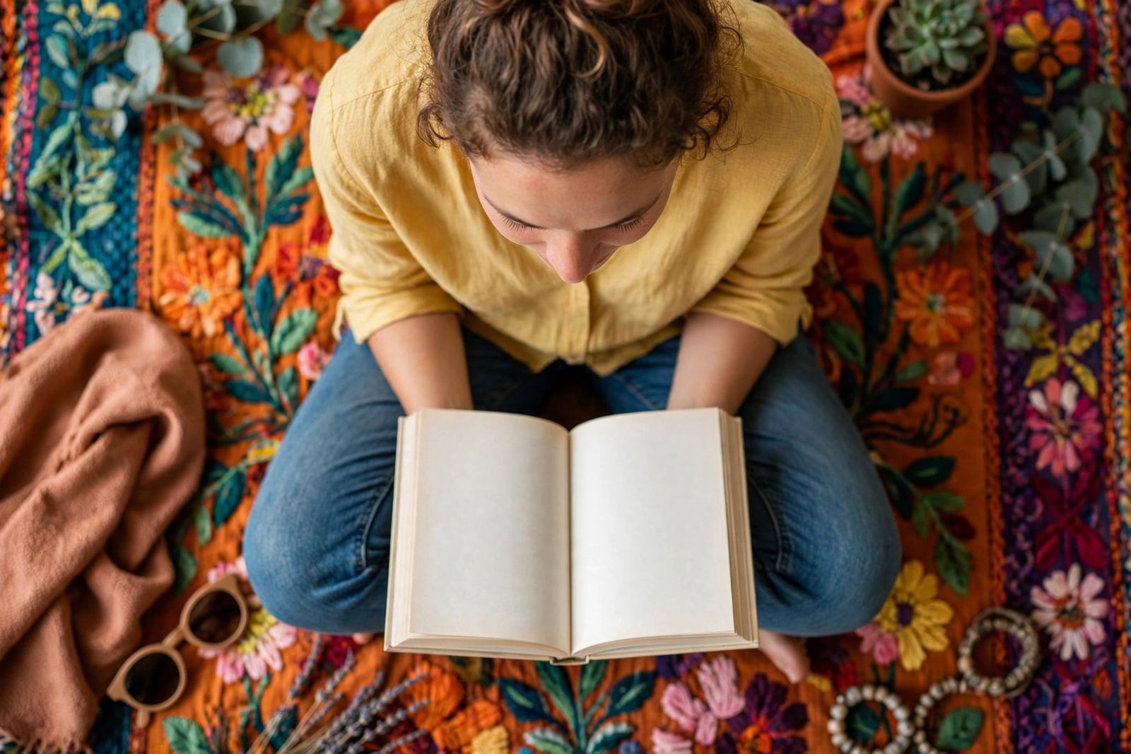 Personne assise dans un endroit calme lisant un livre ouvert sur ses genoux