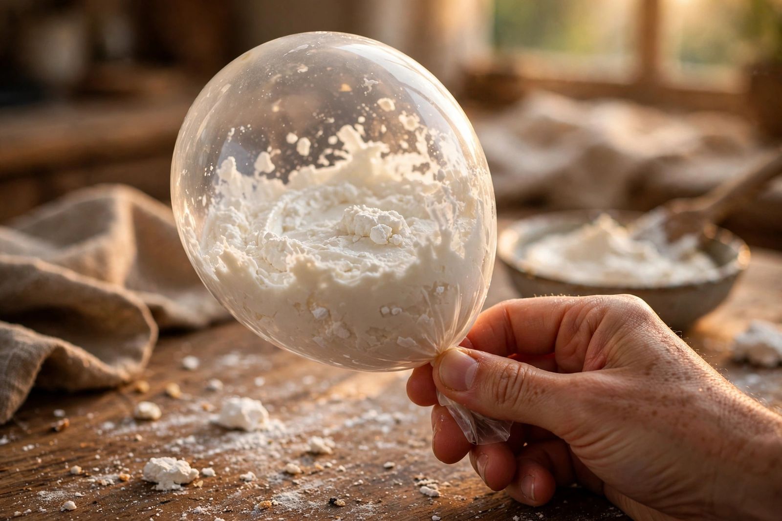 Balloon squishy with filling Hand holding a clear white balloon with glue and cornstarch dough inside, on a kitchen table