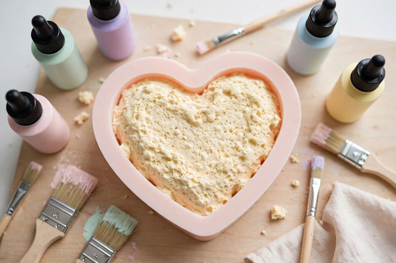 Foam squishy in the mold Silicone heart-shaped mold with expanded and dried polyurethane foam, on a workbench with brushes and acrylic paint